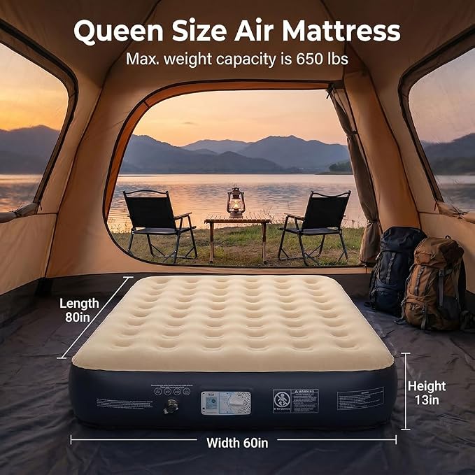 SENNOUL Air Mattress Queen with Built in Pump - Upgraded Blow Up Bed, 2 Mins Quick Self Inflatable, 13"/650lbs Max, Strong Support, All Night No Lost Air, for Camping,Home,Guests & Portable Travel