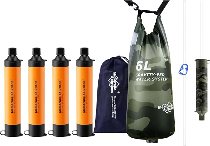 Membrane Solutions Pro 6L Camo Gravity Water Filter with 4 Extra S1 Orange Water Filter Straws, Survival Filtration Portable Gear, Emergency Preparedness, Supply for Hiking Camping Team Family