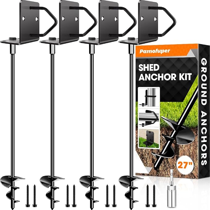 Ground Anchors Shed Anchors 27" Set of 4 Trampoline Stakes Screw in Heavy Duty Mobile Home - Storage Shed Anchor Kit - Playset Swing Anchors - Stakes for Fence,Carport,Garden (Black, 4 x 27in)