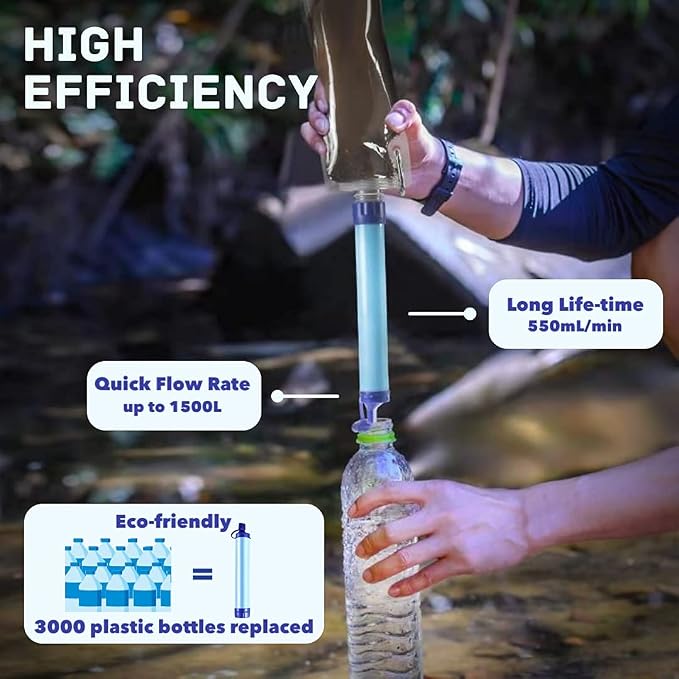 Personal Water Filter Straw Outdoor Portable Filtration (4pack) with Mini Water Filter Portable Emergency Water Filtration（black, 2pack)