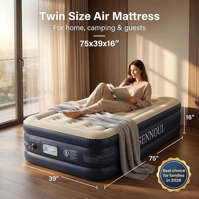 SENNOUL Twin Air Mattress with Built-in Pump,Fast & Easy Inflation/Deflation Inflatable Mattress, Foldable Blow Up Mattress with Storage Bag, Inflatable Bed for Home, Camping & Guests,16"/550lbs Max