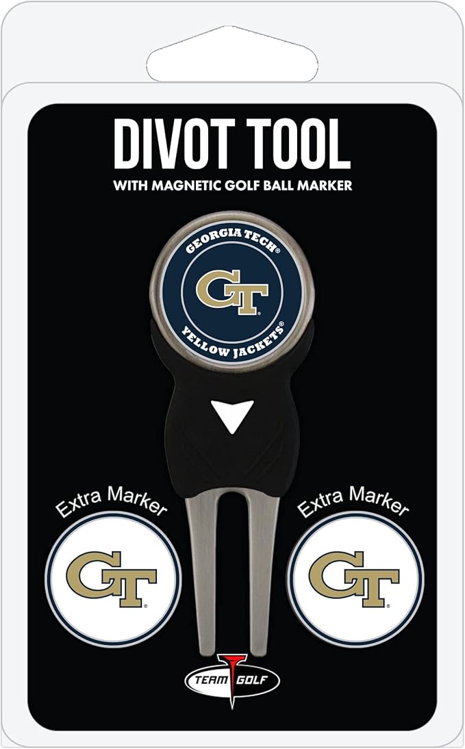 Team Golf NCAA Georgia Tech Yellow Jackets Divot Tool Pack with 3 Golf Ball Markers Divot Tool with 3 Golf Ball Markers Pack, Markers are Removable Magnetic Double-Sided Enamel