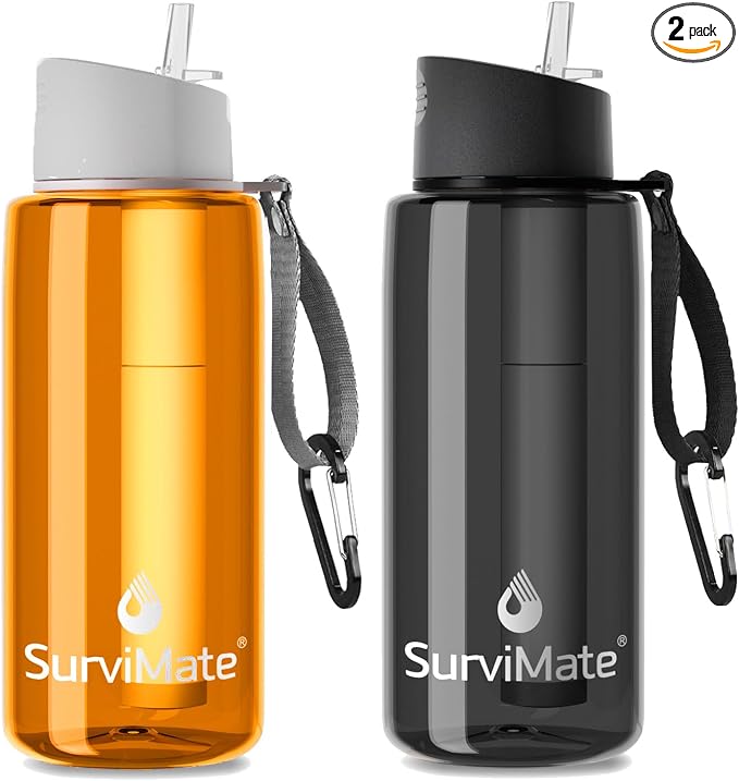 SurviMate Purified Water Bottle for Camping, Hiking, Backpacking and Travel, BPA Free with 5-Stage Intergrated Filter Straw