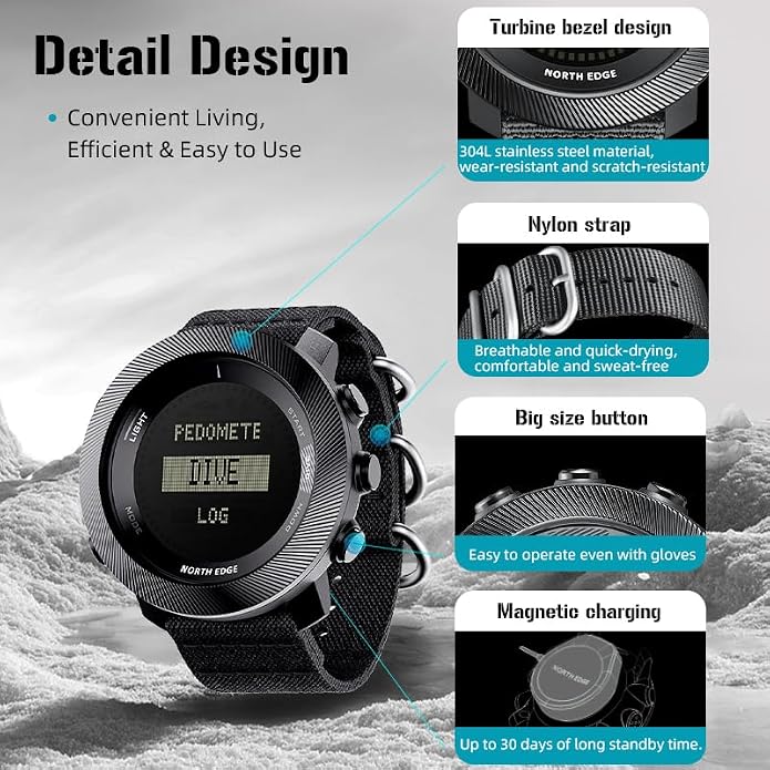 NORTH EDGE Apache-D Freediving Watch for Men, 100M Water Resistant Digital Outdoor Watch with 50M Dive Mode, Compass, Altimeter, Barometer, Thermometer, Pedometer, Rechargeable Hiking Watch