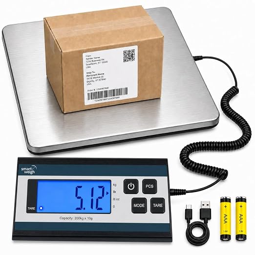 Smart Weigh Digital Postal Shipping Scale, 440 lb Capacity, 1 oz Readability, Hold & Tare Functions, Battery or USB-C Power, Corded Display, Stainless Steel Large Platform, Silver