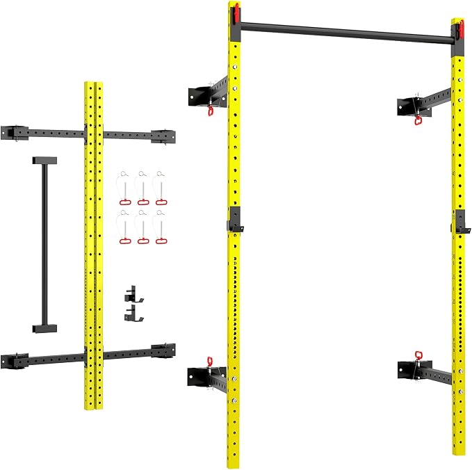 Soozier Folding Squat Rack with Adjustable Pull-Up Bar, 1000 Pounds Capacity Wall Mounted Power Rack, Adjustable Steel Barbell Rack with J Hooks for Home Gym Full Body Workout