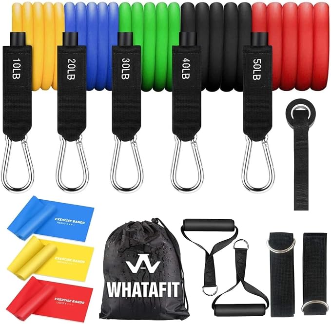 WHATAFIT Resistance Bands, Exercise Bands, Workout Bands with Handles, Door Anchor and Ankle Straps, 5 Resistance Levels Fitness Bands for Strength Training, Physical Therapy, and Home Gym Equipment