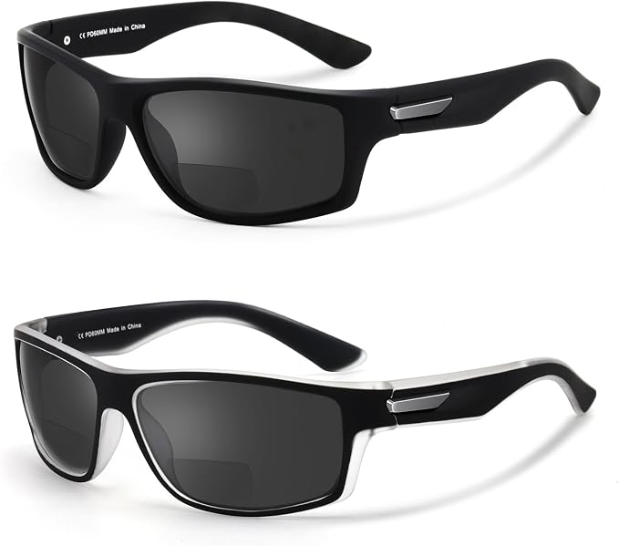 Missfive 2-Pack Mens Ultimate Bifocal Sunglasses with Readers Built In Sporty Upgraded Wrap Frame, UV400 Protection Driving & Reading Glasses for Outdoor +3.0