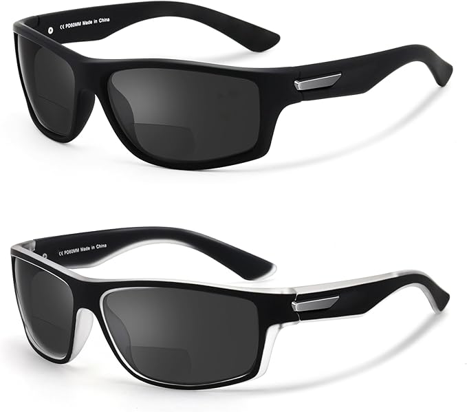 Missfive 2-Pack Mens Ultimate Bifocal Sunglasses with Readers Built In Sporty Upgraded Wrap Frame, UV400 Protection Driving & Reading Glasses for Outdoor +2.75