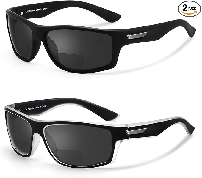 Missfive 2-Pack Mens Ultimate Bifocal Sunglasses with Readers Built In Sporty Upgraded Wrap Frame, UV400 Protection Driving & Reading Glasses for Outdoor +2.5