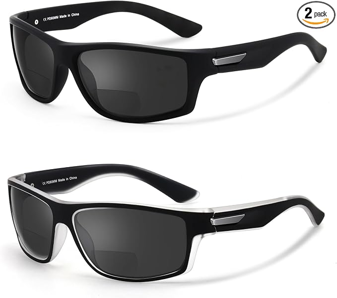 Missfive 2-Pack Mens Ultimate Bifocal Sunglasses with Readers Built In Sporty Upgraded Wrap Frame, UV400 Protection Driving & Reading Glasses for Outdoor Activities 1.25x