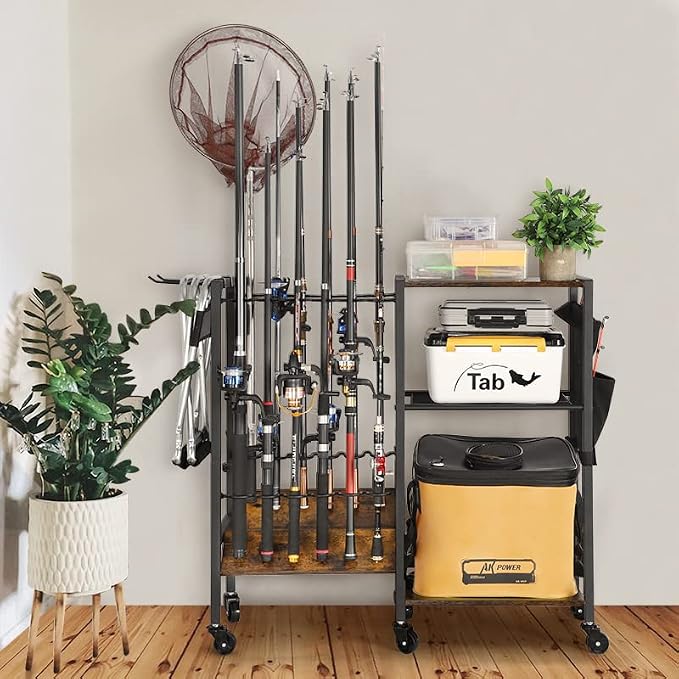 Olakee Fishing Rod Holders, Rolling Fishing Rod Rack for Garage & Boat, Tackle Box & Reel Holder Cart, Easy Assembly Fishing Gear Management System, Ideal Birthday Gift for Men Dad Anglers