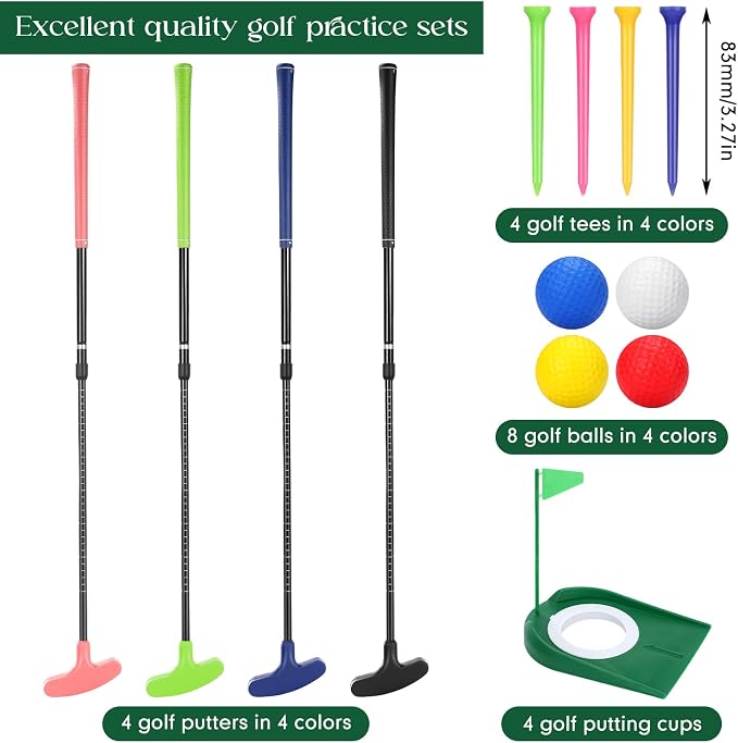 MiniInflat 4 Set Mini Golf Putters with 8 Balls, 4 Golf Putting Cup and Flag, Tees, Two Way Adjustable Length Putter for Right or Left Handed Golfer(Natural)