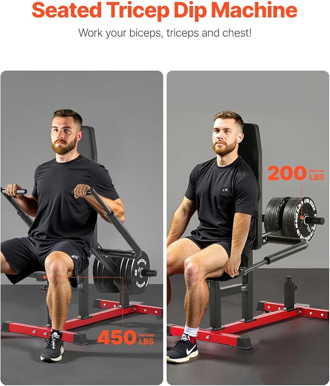 VEVOR Seated Dip Machine, Tricep Bicep Press Down Machine with Cable Bar, Adjustable Seat, and Backrest, Exercise Equipment for Chest Training, Upper Body Push Fitness Workout, Hold up to 450LBS