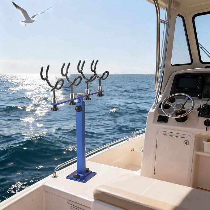 360 Degree Rotation & Adjustable Height Fishing Rod Holder with 4 Head, Marine Fishing Pole Rack with Mounting Plate, Multi-Functional Aluminum Fishing Rod Support for Wide Occasions