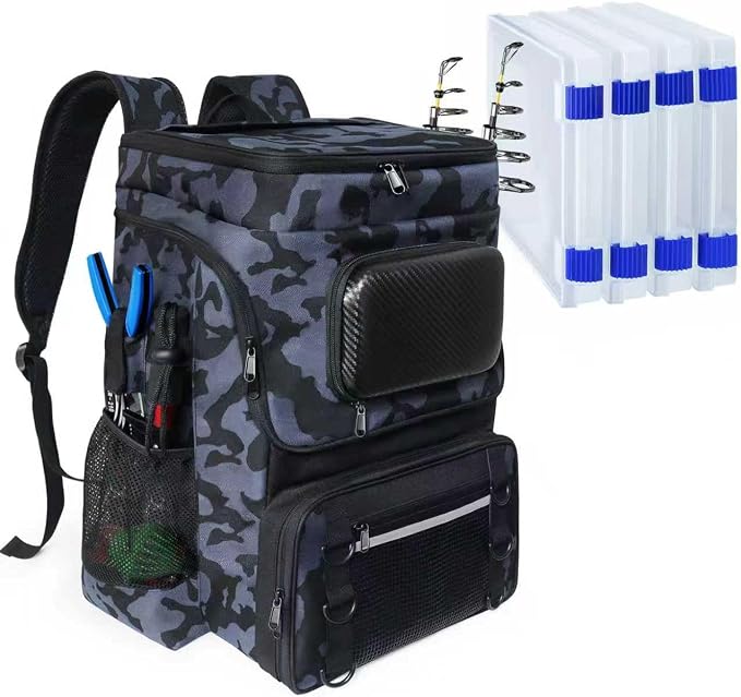 Fishing Backpack with Rod Holder, Large 50L Tackle Bag Water Resistant Tackle Backpack Heavy Duty Fishing Bag Gift for Men Woman