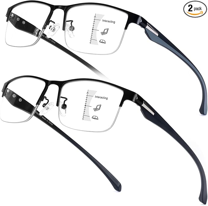 SKYOAK 2 Pack Premium Quality Progressive Multifocus Half Frame Reading Glasses for Men, No-Line Blue Light Blocking Computer Readers Multifocal Eyeglasses with TR90 Temples, Black and Gunmetal +2.5x