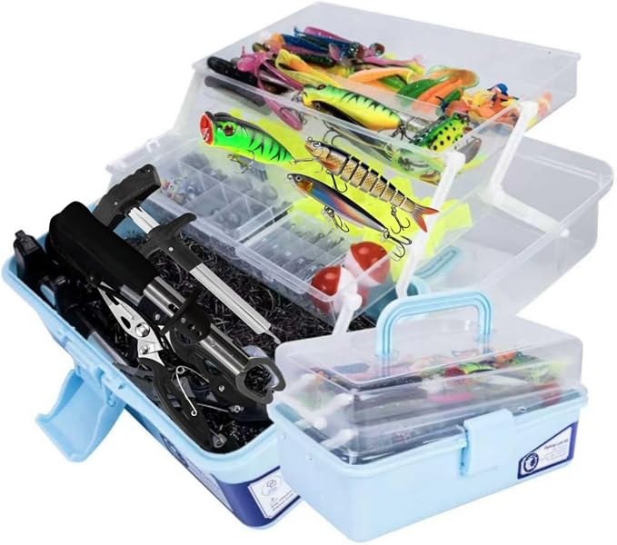 Large 3-Layer Fishing Tackle Box with Tackle Included,450 Pcs Fishing Lures Kit-Contains Pliers, Crankbait, Hooks,Lures,Weights & Accessories, Freshwater Bass Fishing Gear for Men