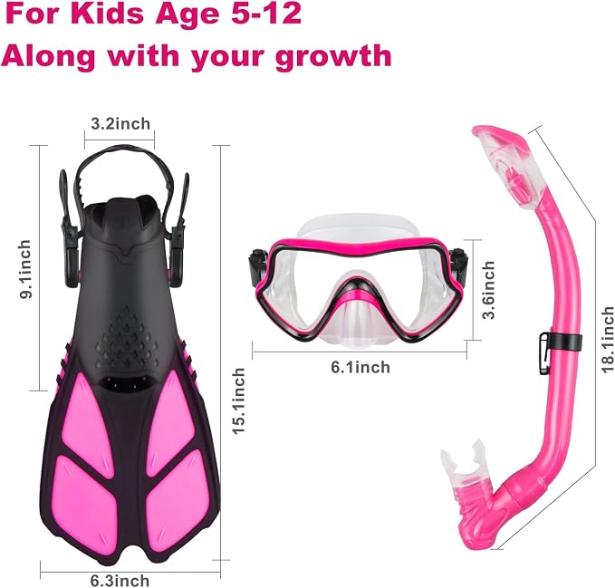 Kids Snorkeling Set - Adjustable Flippers + Panoramic Snorkel Mask + Dry Snorkel Tube + Travel Bags - Suitable for Kids & Juniors, Age 5-14