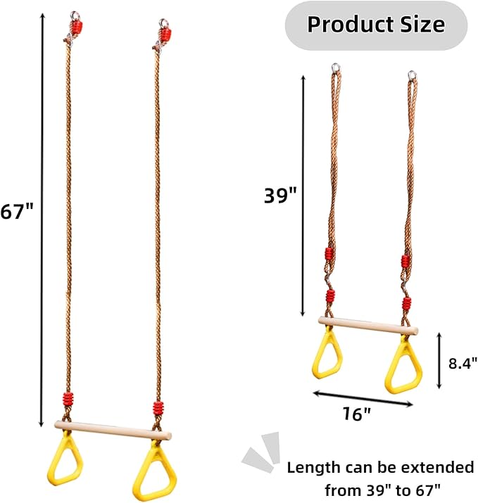 Covzoe Trapeze Bar, 16" Adjustable Height Wooden Swing Set, Trapeze Climbing Bar Assembly with Rings, Gym Hanging Accessories Playground Attachments