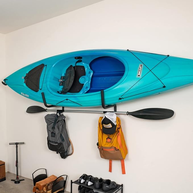 StoreYourBoard Kayak Storage Rack for Garage | Swivel Kayak Wall Mount with Paddle Holder | Indoor Outdoor Folding Kayak Wall Rack for Paddle Board/SUP Storage, Heavy Duty Padded Arms, Holds 100 lbs