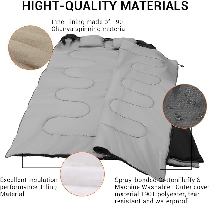 Double Sleeping Bag for Adults Camping,Bring Pillow, XL Queen Size Sleeping Bags for 2 Person Hiking Backpacking, Lightweight Waterproof with Compression Sack
