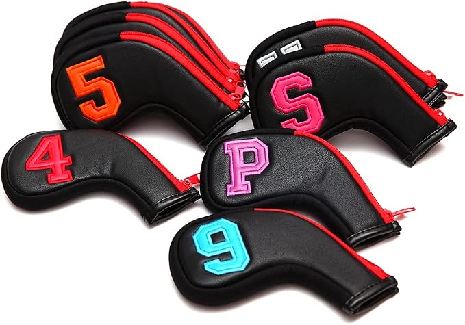 Colorful Number Golf Iron Head Covers Iron Headovers Wedges Covers 4-9 ASPX 10pcs (Black with Zipper)