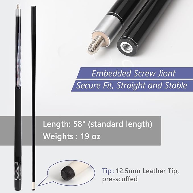 Glass Fiber Pool Cue Stick with Case Combo Set, 12.5mm Professional Pool Stick 58" Low Deflection Billiards Cue Stick 19 Oz Pool Cue Set for Men Adults Players