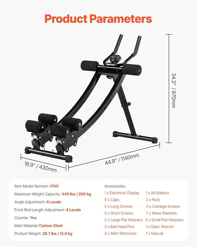 VEVOR AB Workout Machine, Ab Workout Equipment at Home Gym, Core & Abdominal Trainers for Women, 440 lbs Weight Capacity Strength Training Ab Cruncher, Foldable Adjustable Fitness Exerciser