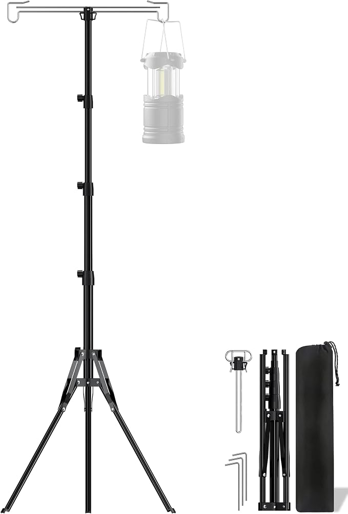Telescopic Height Adjustable Camping Lantern Tripod Stand - 2-Hook Lantern Hanger for Outdoor Camping/RV/Tent