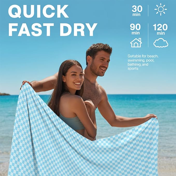2 Pcs Microfiber Beach Towel Sand Free Quick Dry Oversized Lightweight Modern Checkered Geometric Design Light Blue and Blue for Pool Travel Gym Yoga 71 x 32 Inches