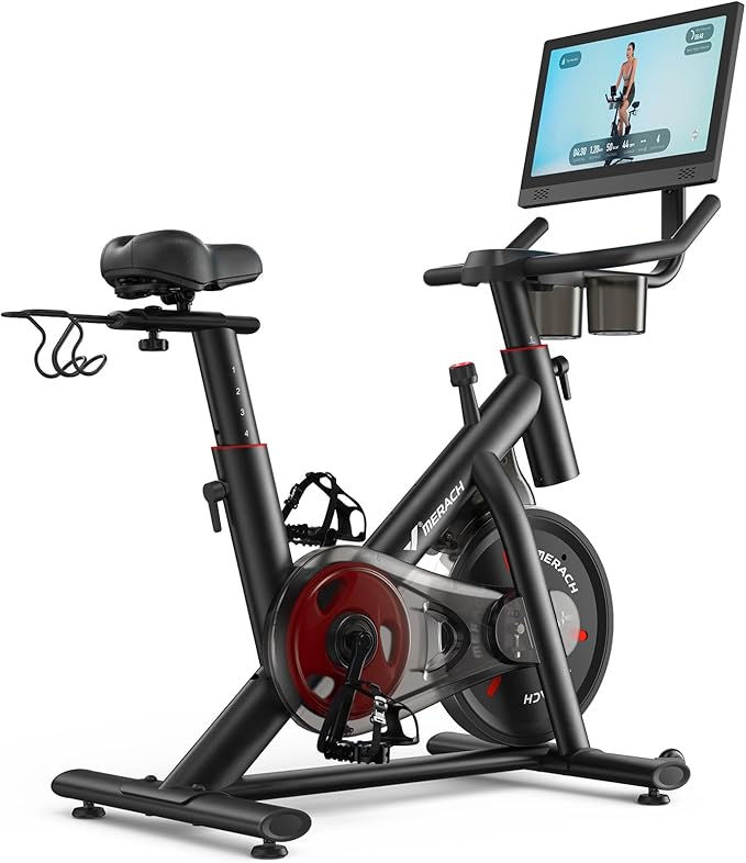 Merach Exercise Bike, Magnetic Friction Stationary Bike with Brake Pad and Exclusive App, Low Noise Indoor Cycling Bike with 300lbs Weight Capacity, Tablet Mount and Fitness Courses for Weight Loss