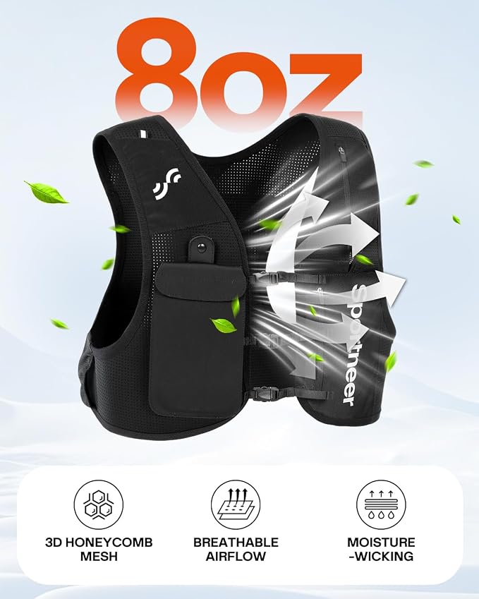 Sportneer Running Vest: Hydration Vest with 500ML Soft Flask, Lightweight Breathable Zero-Bounce Running Backpack for Men Women, Fits 7.2” Phone, Reflective, Ideal for Marathon Trail Training