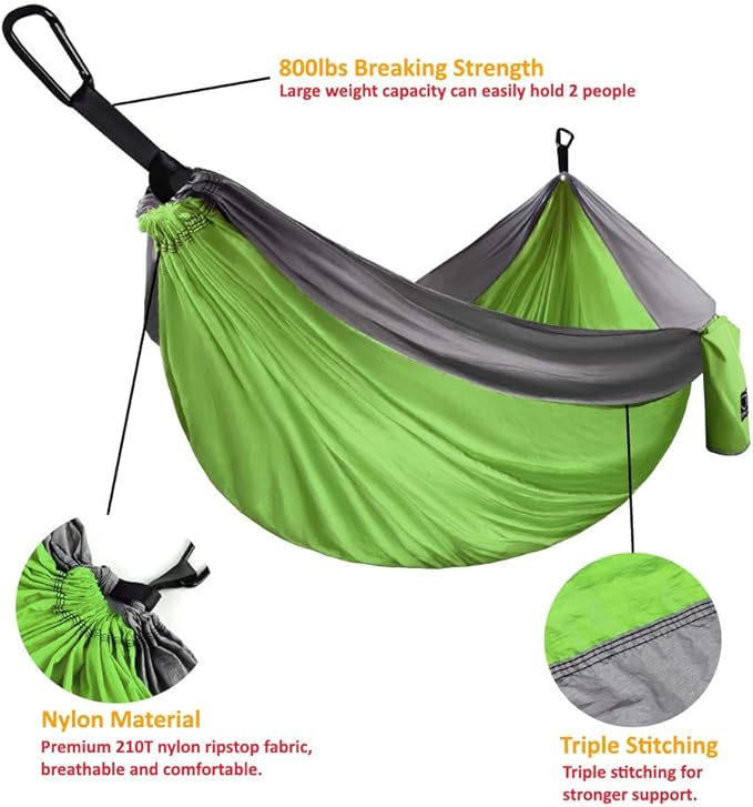 Gold Armour Camping Hammock - Portable Hammock Single Hammock Camping Accessories Gear for Outdoor Indoor Adult Kids, USA Based Brand (Lime Green & Grey)