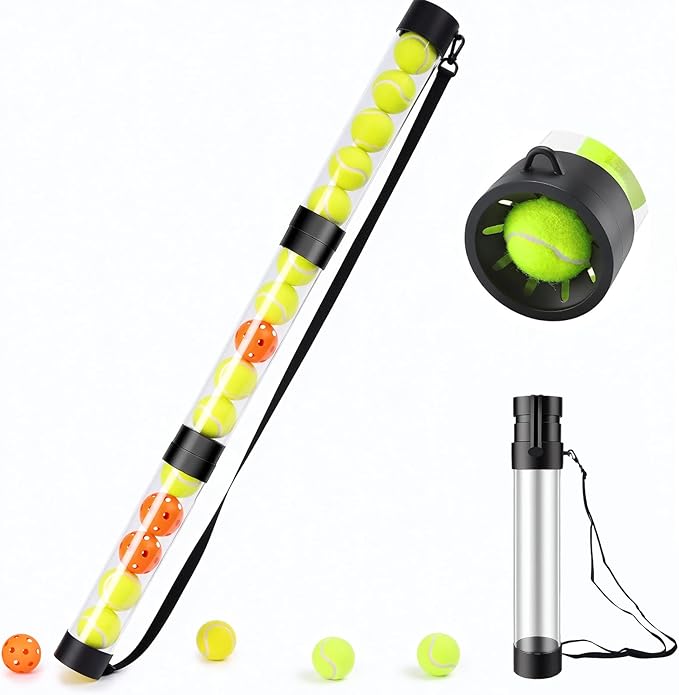 17 Pickleballs & 18 Tennis Balls Picker Upper – Collapsible No-Bend Retriever Tube with Shoulder Strap, Lightweight Portable for Indoor & Outdoor Court Practice