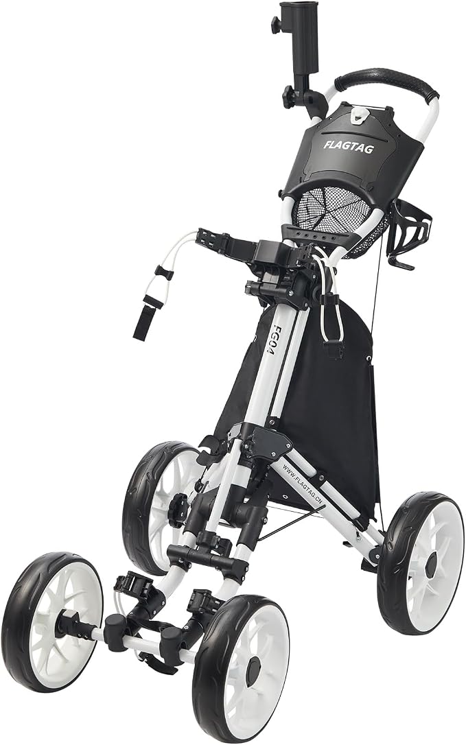 FLAGTAG Golf Push Cart 4-Wheels,Folding Golf Cart, Golf Pull cart with Cup Holder,Umbrella Holder,Cooler Bag, Foldable with one-Click,Handle Height Adjustable,Drink Holder,Walking Push cart