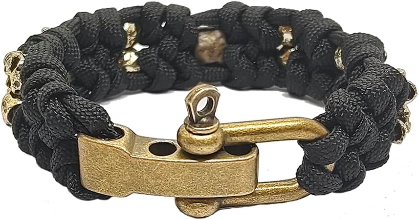 Skull Paracord Bracelet Black Green Paracord Bracelet Adjustable Gothic Design Bracelets with Metal Skull Charms U-Shackle Closure