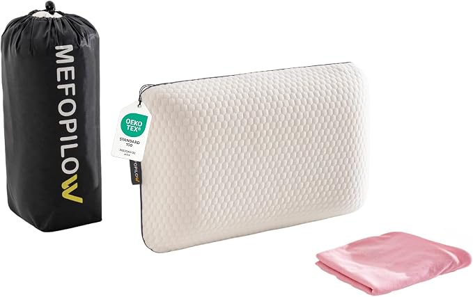 Memory Foam Travel Pillow with Washable Cover & Carry Bag – Compact, Soft & Breathable Neck Pillow for Airplane, Camping & Car (White- with Extra Pink Cotton Cover, 15.7x9.8x3.9 inches)