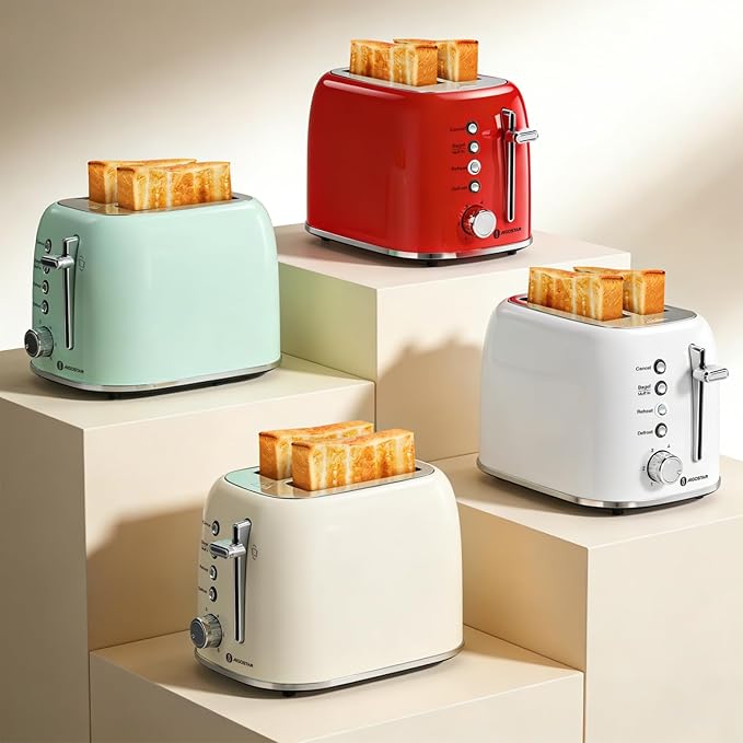 Aigostar Toaster 2 Slice, Retro Extra-Wide Slot Toasters Best Rated Prime for Toasting Bagels, Breads, Waffles & More, Cancel, Defrost & 6 Browning, Removable Crumb Tray, Stainless Steel, Red