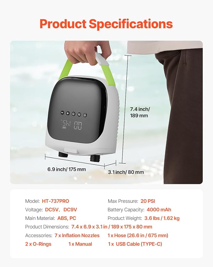 20PSI Paddle Board Pump, Rechargeable Battery-Powered, Dual Stage Electric SUP Air Pump with Auto-Off and Deflation Function, Ideal for Inflatable Paddle Board, Tent and Mattress