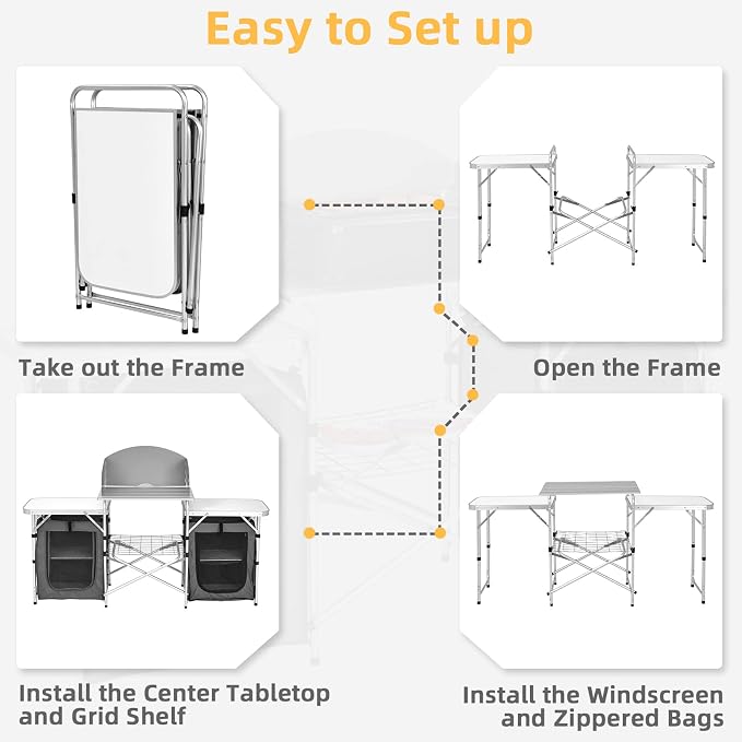 Giantex Camping Kitchen Station, Folding Grill Table with 26'' Tabletop, 2 Side Tables, Storage Organizer, Detachable Windscreen, Portable Camp Cook Outdoor Prep Station Backyard BBQ Picnic (Grey)