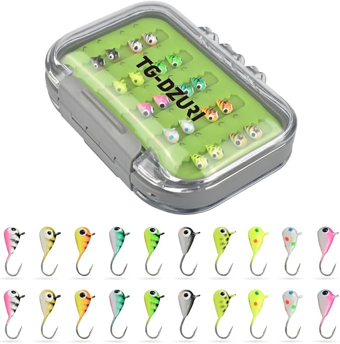Tungsten Ice Fishing Jigs Kit, 3.2/4/5mm Glow in Dark Tear Drop Ice Fishing Lure Jigs with Waterproof Two-Sided Jig Box Assortment 20/24/30