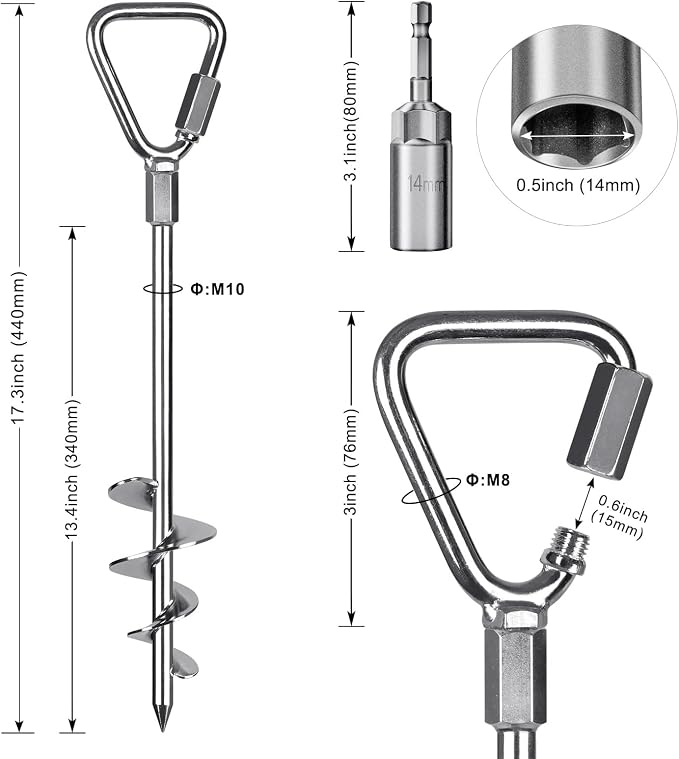 Insaga 17" Heavy Duty Ground Anchors Screw in - 4 Pack Chrome Plated with Reinforced Triangle Bracket for Trampoline, Swing Set, Shed, Mobile Home, Carport - High Wind Resistance for All Soil Types