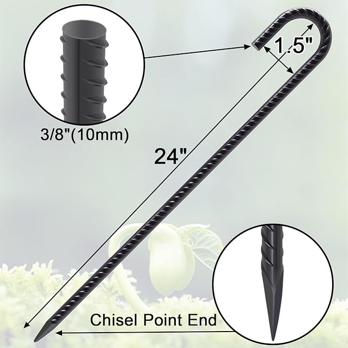 VVOKGO Rebar Stakes 24 Inch J Hook Heavy Duty Ground Anchors (8pcs), 3/8 Inch Diameter Metal Steel Extra Long Fence Stakes with Chisel Point End for Greenhouse, Gazebo, Carport, Camping Tents, Black
