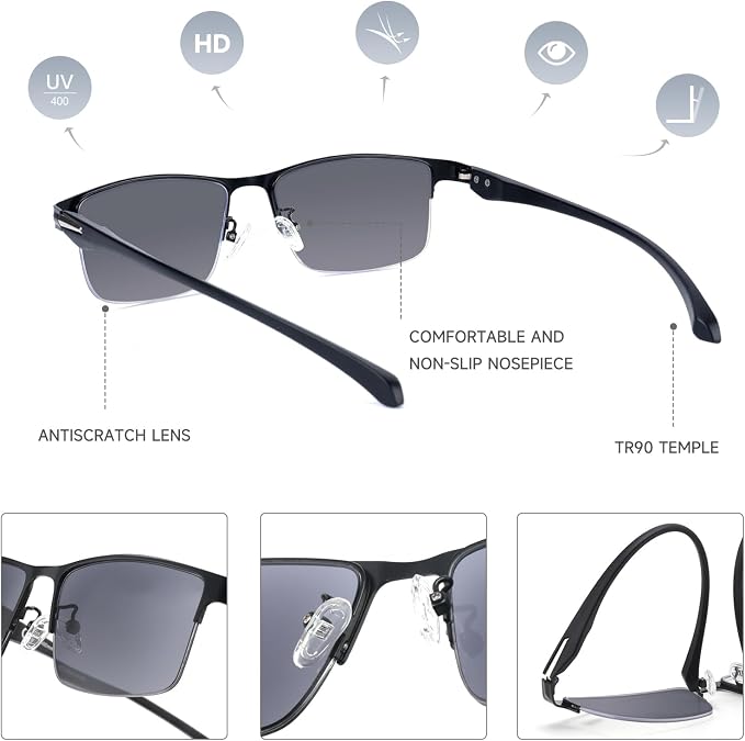 SKYOAK 2 Pack Premium Reading Sunglasses for Men with UV400 Protection Outdoors, TR90 Ultra-Light Dark Lens Sun Readers, Tinted Reading Glasses Half Frame Design & +1.50x - Not Bifocals