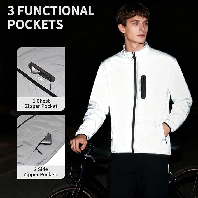 WOSAWE Men Reflective Jacket Night Glowing Bomber Jacket MTB Cycling Windbreaker Travel Sport Coat