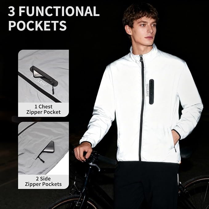 WOSAWE Men Reflective Jacket Night Glowing Bomber Jacket MTB Cycling Windbreaker Travel Sport Coat