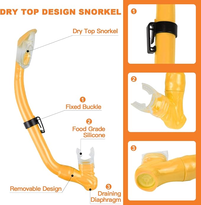 Kids Snorkeling Set - Adjustable Flippers + Panoramic Snorkel Mask + Dry Snorkel Tube + Travel Bags - Suitable for Kids & Juniors, Age 5-14