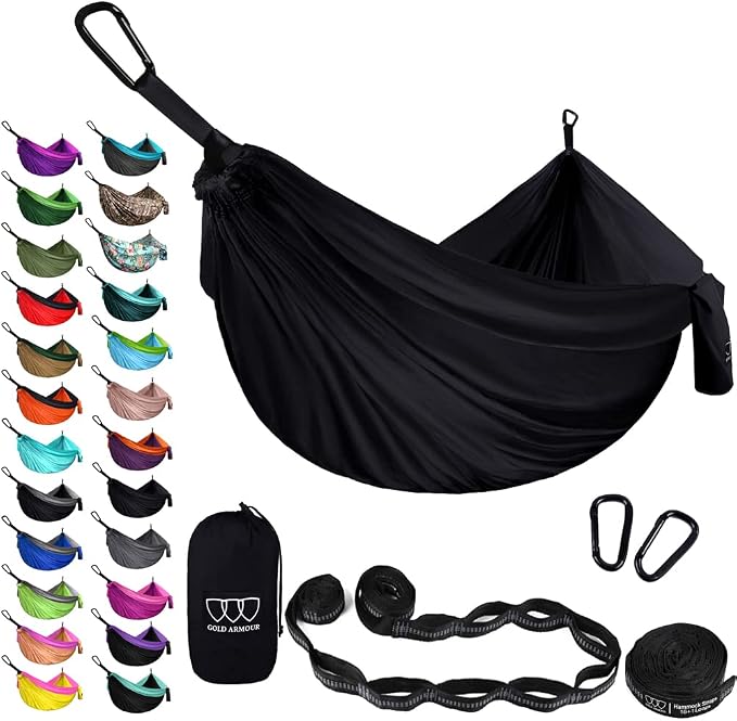 Gold Armour Camping Hammock - XL Double Hammock Portable Hammock Camping Accessories Gear for Outdoor Indoor with Tree Straps, USA Based Brand (Midnight Black)