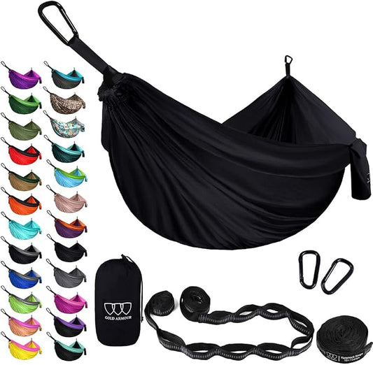 Gold Armour Camping Hammock - XL Double Hammock Portable Hammock Camping Accessories Gear for Outdoor Indoor with Tree Straps, USA Based Brand (Midnight Black)